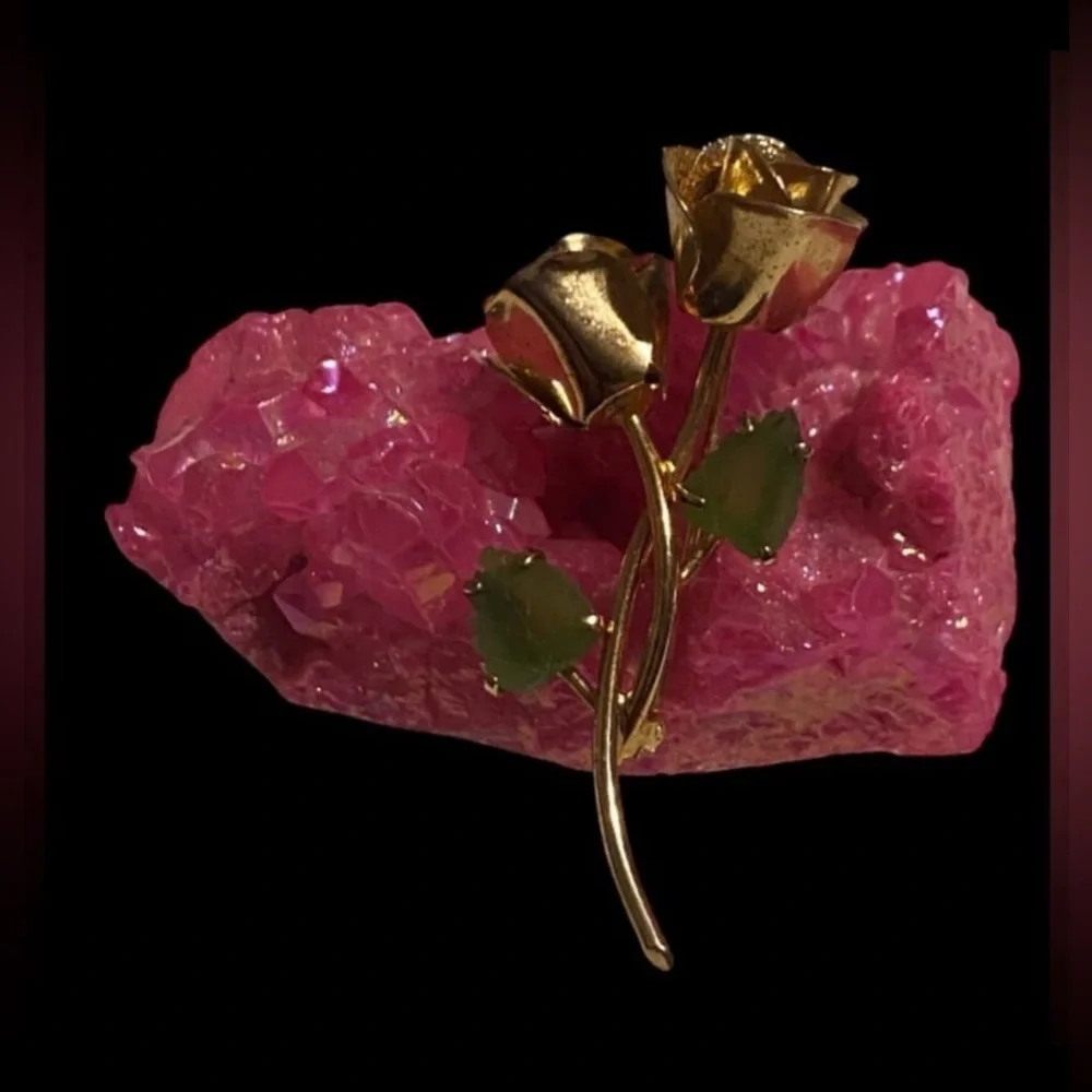 Vintage Jade Rose Flower Gold Tone Brooch #7654 💎